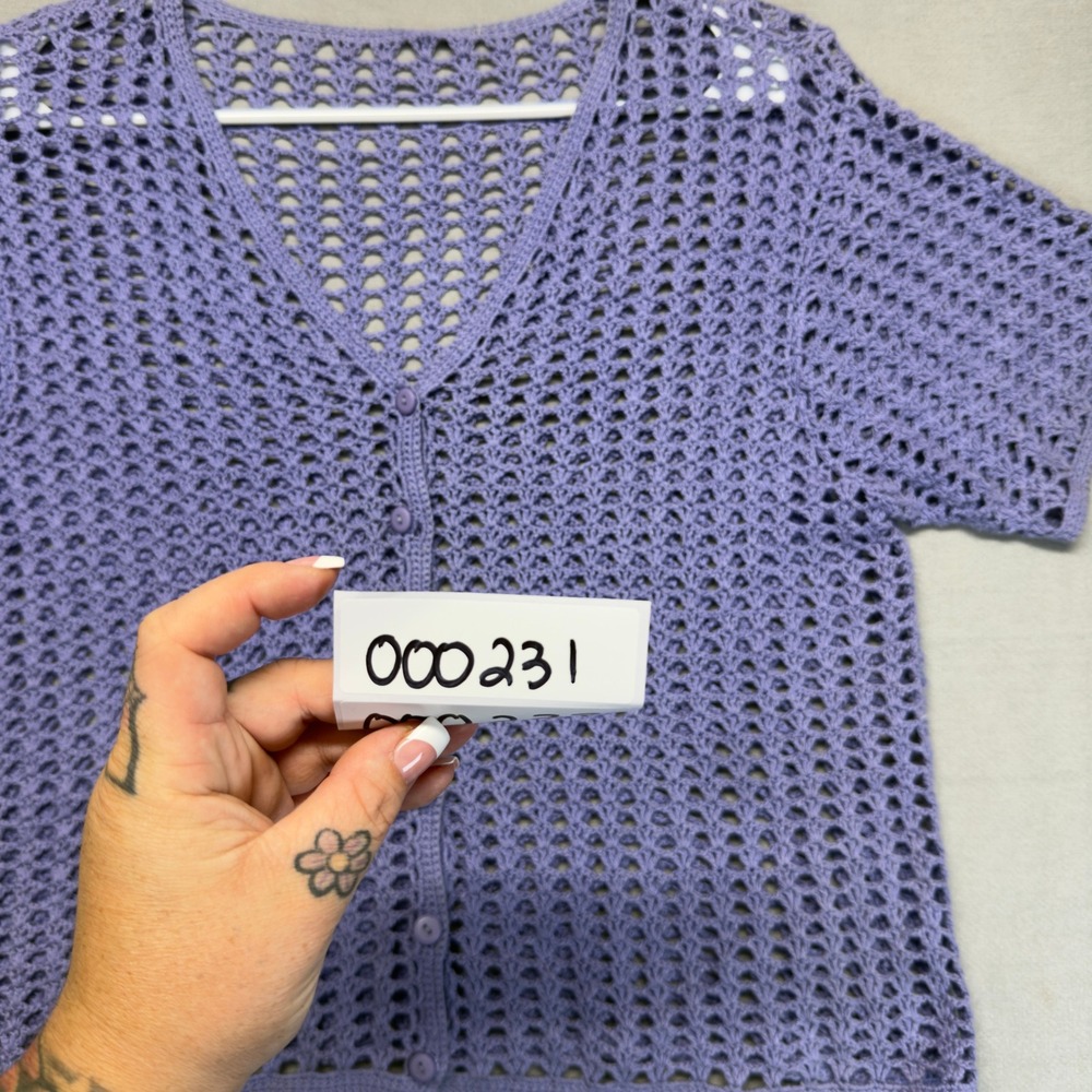 Handmade Y2K Crochet Cardigan Women Medium Purple Short Sleeve Boho Knit V-Neck - Picture 8 of 9